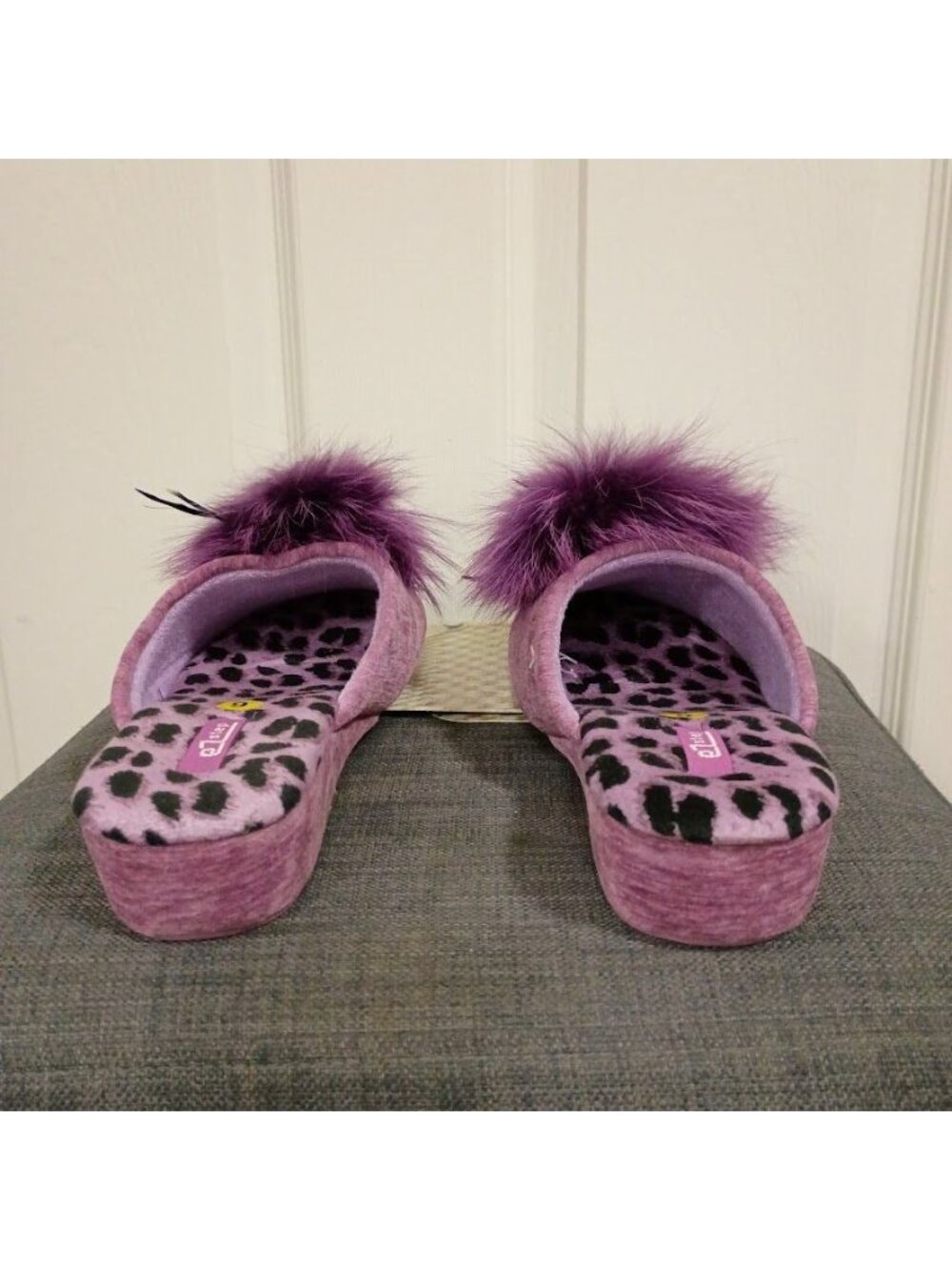EZ Step Purple Fuzzy Open-Toe Slippers With Animal Print & Pom Pom Accents - Picture 2 of 5